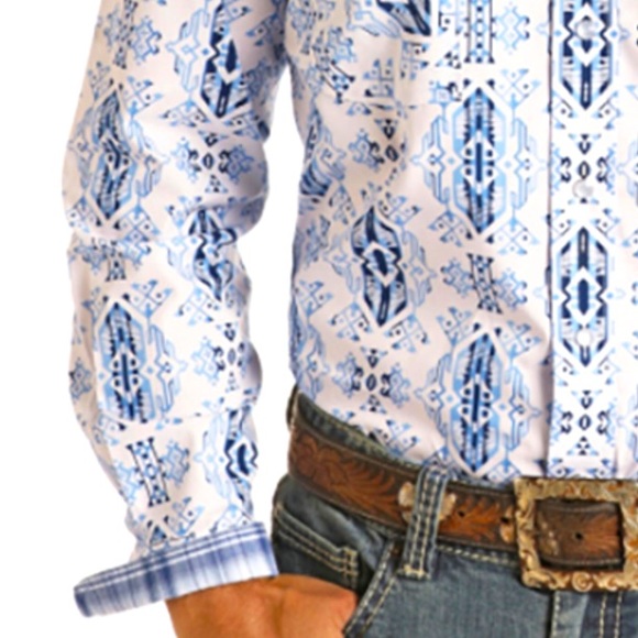 NWOT Rough Stock PANHANDLE Aztec🔹Two Tone Blue Pearl Snap Mens Shirt SZ S - Picture 4 of 7